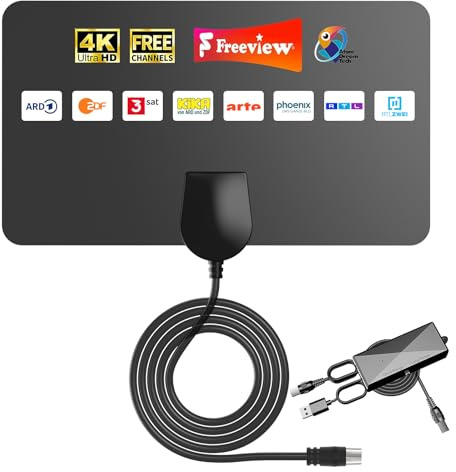 DVBT2 Antenne Folienantenne Innenantenne für Smart TV, Digitale TV Antenne mit Verstärker, Kompatibel mit Allen Fernsehern, Flaches Design für Fenster Wand Montage, 5m Koaxialkabel