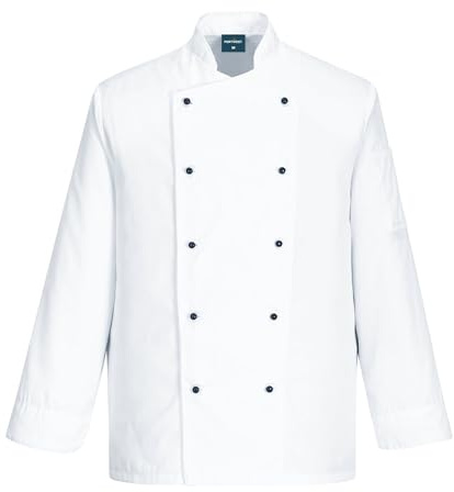 Portwest C834 Chef's Somerset Jacket Machine Washable Cuff Vents | White, 4X Large, Regular Fit, Polycotton Kingsmill Twill, Mandarin Collar, Sleeve Pocket, Easy Care, Secure Storage, Catering
