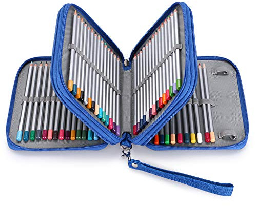btsky Leinwand Federmäppchen – quadratisch 72 Slots Bleistift Halter für farbigen Bleistifte, Aquarell Bleistifte, Gel Stifte blau