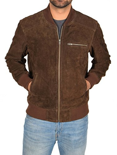 A1 FASHION GOODS Mens Real BROWN Suede Bomber Jacket Leather Sports Varsity Baseball Casual Coat Roco