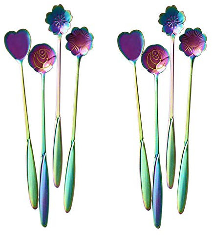 xichen 17,8 cm Blume Muster Lang Griff Löffel, Eis Löffel lang Löffel Iced Tee Löffel Kaffee Löffel Dessert Löffel Milchshake Löffel, Set 8 (Farbe Multicolor)