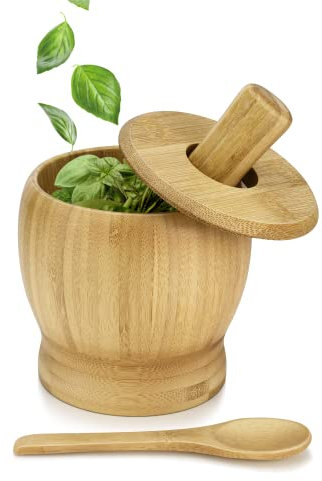 Flexzion Wooden Mortar and Pestle Set 5-Inch Bamboo Bowl and Grinder Set, Wood Molcajete Muddler and Bowl with Lid and Spoon for Guacamole, Herbs, Spices, Garlic, Medicine Pills, Seeds, and More