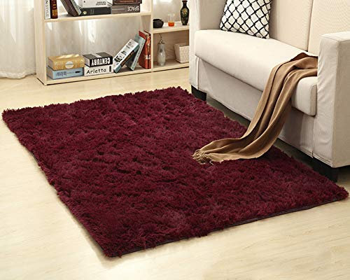 Shengwan Shaggy Hochflor Langflor Teppich, Wohnzimmer Teppiche Flauschig Bettvorleger Sofa Matte Weinrot 60cm x 120cm