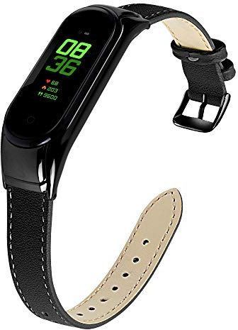 RuenTech Kompatibel mit Xiaomi Mi Band 3 / Mi Band 4 Armband Schlank Echtes Leder Armbands Ersatz Zubehör für Frauen Männer Mi Band 3/Mi Band 4 Uhrenarmbänder (Black)