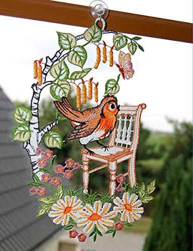 Fensterbild 17x27 cm + Saugnapf Plauener Spitze Vogel farbig Spitzenbild Frühling Sommer Fensterdeko