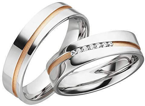 JC Trauringe Silber 925 Paarpreis Eheringe Rotgold Weißgold Plattiert 5,50 mm breit I Partnerringe mit Gravur in edler Schatulle I 2 Hochzeitsringe Herrenring ohne & Damenring mit Steinen I LC132-RGP