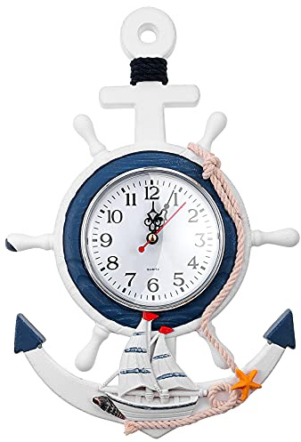 BESPORTBLE Nautical Wall Anchor Clock Beach Theme Ship Clock Coastal Wall Art Decoration Mediterranean Style Home Ornament for Indoor Outdoor Bedroom, Patio, Living Room, Garden, Bathroom