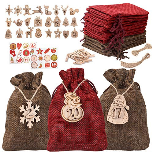 Adventskalender zum Befüllen 2025, 24 Stück Stoffbeutel mit Adventskalender-Anhänger mit Zahlen von 1 bis 24, Aufkleber，Holzklammern, 10m Hanfseil，Weihnachtskalender Selberfüllen für Kinder Mädchen