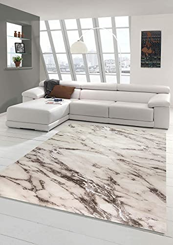 Teppich-Traum Kurzflor Teppich Marmor Creme Beige 60x110 cm | Pflegeleicht, schmutzabweisend, strapazierfähig, allergikerfreundlich, seitlich gekettelt, OEKO-TEX geprüft, 12 mm Flor