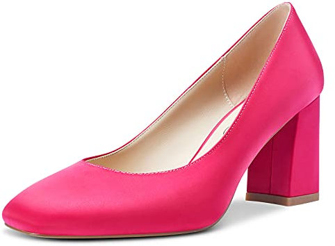NobleOnly Femme Escarpins Bout Carré Doublure en Cuir Bloc Talons 7.5CM High Heels Pumps Rose Satin Chaussures EU 39