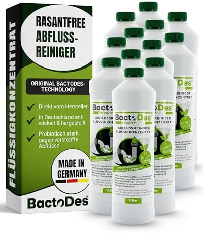 BactoDes RasantFree Abflussreiniger 12 x 1L I Flüssigkonzentrat mit Mikroorganismen gegen Verstopfungen I Reduziert Gerüche & Essensreste mit Zitronenduft I Ideal für Küche, Bad & Gewerbe