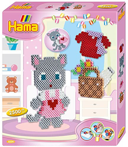 Hama Perlen 3254 Kleines Geschenk-Set Anziehkatze mit ca. 2.500 bunten Midi Bügelperlen mit Durchmesser 5 mm, Stiftplatte, inkl. Bügelpapier, kreativer Bastelspaß für Kinder und Jugendliche