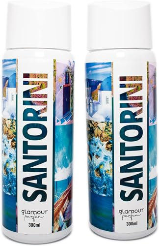 GLAMOUR PARFUM - Pack de 2 Recambios de Ambientador de Hogar Santorini - 300 ml - Aroma Afrutado y Vainilla - Fragancia Larga Duración - Ambientador Textil - para Pulverizar en la Cama o en Cortinas