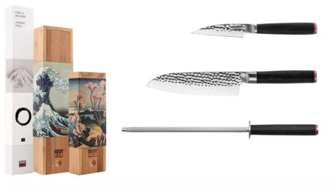 Kotai Le Set de Base Plus 3 pièces : 2 couteaux (couteau d'office + santoku) + fusil à aiguiser
