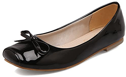 Bviennic Femmes Bout Carré Ballet Flats A Enfiler Bows Dolly Chaussures Ballerina Prom Cuir Verni Loafer Slipper Décontractée Walking Mocassins Noir Taille 39 Eu-40Cn