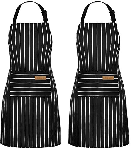 NLUS 2 Pack Cooking Aprons for Women with Pockets Adjustable Kitchen Bib Aprons for Women Men Chef, Black/White Stripe (Classic Black/White Stripes)
