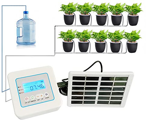 Kit de riego automático por Goteo para Plantas de Interior, Sistema de riego automático con Temporizador electrónico, Sistema de riego que funciona con energía solar para Terraza Balcón Vacaciones