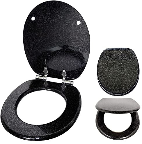 MUSAN 18 Glitter Toilet Seat Black - Heavy Duty MDF Bathroom Toilet Seats Chrome Hinges - Easy to Clean Fitting Lid - Long Lasting Durable Round Black Sparkly Toilet Seat