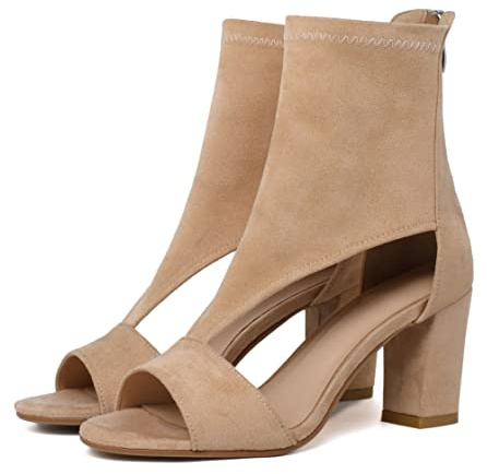 Sailimy Damen Peep Toe Sommer Booties Sandalen, schwarzes Wildleder Cutout T Strap Reißverschluss hinten offener Zehenbereich Pumpstiefel Hohlkäfig Wrap Up Abschlussball Block Chunky High Heels Kleid
