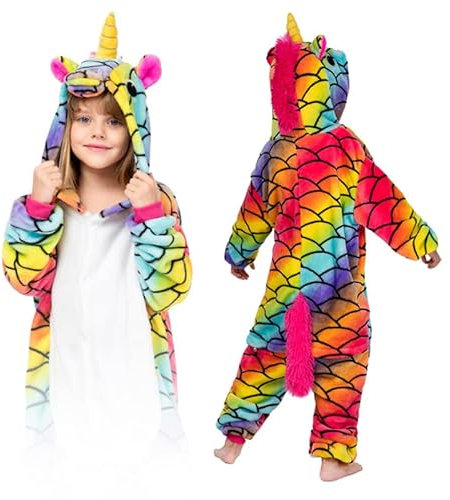 ZOLTA Jumpsuit Onesie für Kinder - Sanft Kuschelig Unisex Pyjama - Warme Schlafanzug - Karneval Kostüm - Kostüm Einhorn Motiv für Mädchen und Jungen - Größe M - Buntes Einhorn