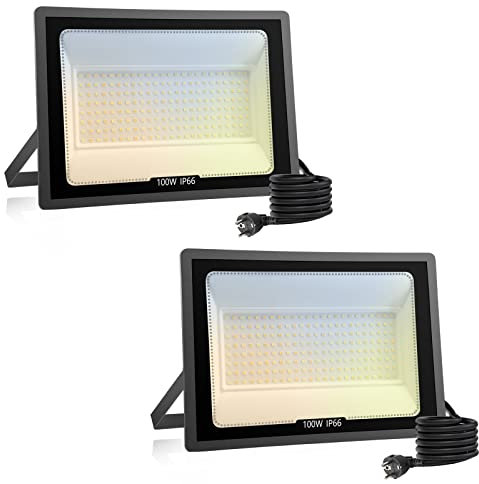2er Led Strahler 100W, 3000K/4000K/6000K Led Strahler mit Eu Stecker, 10000LM Led Strahler Aussen mit 47.24inch Kabel, IP66 Wasserdicht Aussenstrahler AußEnstrahler Led Fluter für Garten, Garage[F]