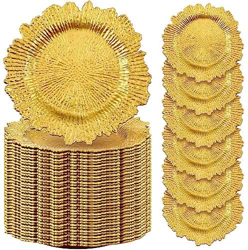 Tanlade 100 Pcs Reef Charger Plates Bulk 13 Inch Plastic Wedding Chargers Floral Decorative Plates with Metallic Ruffled Rim for Wedding Party, Holiday Event Supplies(Gold)
