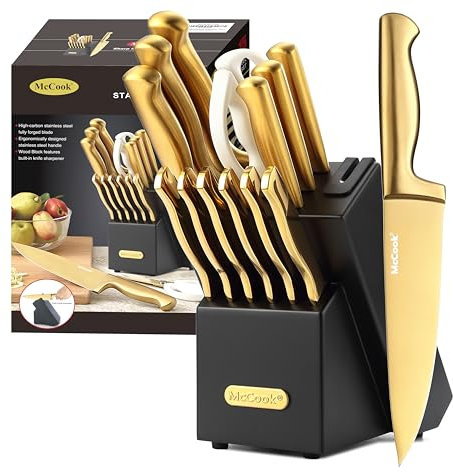 McCook® Ensemble de couteaux de cuisine en acier inoxydable titane doré avec aiguiseur intégré