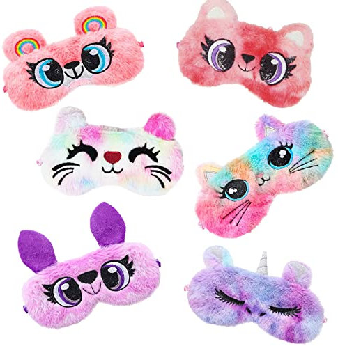 6 Stück Weiche Plüsch Schlafaugenmaske, Cartoon Tier Schlafmaske, Nacht Augenbinde, Augenmaske zum Schlafen, 3D Süße Schlaf Augenabdeckung für Kinder Erwachsene Mädchen Reisen Nickerchen
