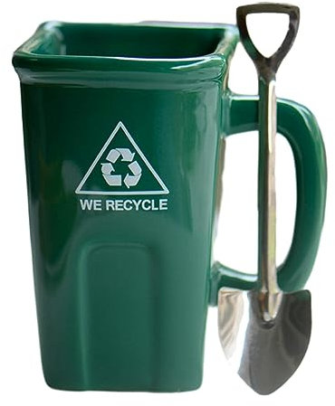 CAPIJIONG 300ml/10.14oz Square trash can ceramic mug, Microwave oven available green recyclable bin, creative and bizarre ceramic water cup with shovel-green-301-400ml