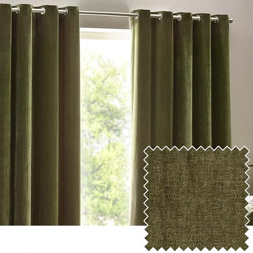 furn. Yard Heavy Chenille Velvet Eyelet Curtains 168 x 229cm, Olive