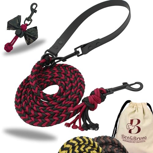 Ben&Bruno Hundeleine | 100% Handgefertigt aus Paracord | Robust, Sicher & Langlebig | Komfortabler Griff | 1,7m Länge für Spaziergänge/Laufen/Training | Für Kleine, Mittelgroße & Große Hunde | Rot