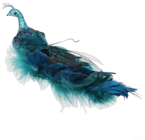 RANRAO Blauer Pfau Weihnachtsschmuck mit Clip, künstlicher Pfau mit langem Schwanz, gefiederte Simulationsvögel, glitzernder Phönix, Weihnachtsdekoration für Weihnachtsbaumdekoration (blau)