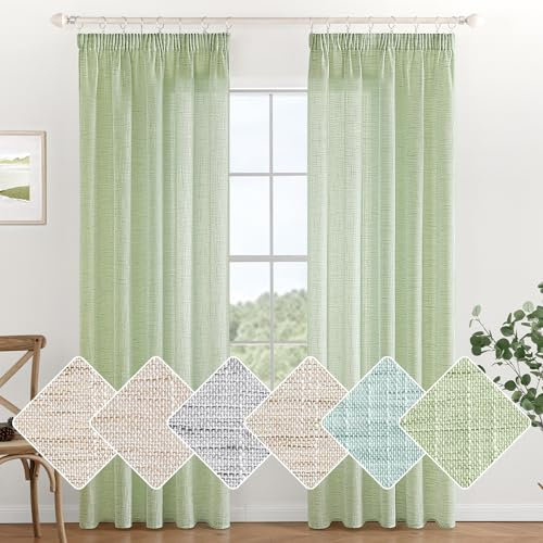 MIULEE Leinen Gardinen Vorhänge mit Kräuselband Weiss Gardine Vorhang Leinenoptik kräuselband Wohnzimmer Modern Voile Schienensystem Schlafzimmer 2er Set 140x160 cm Grün