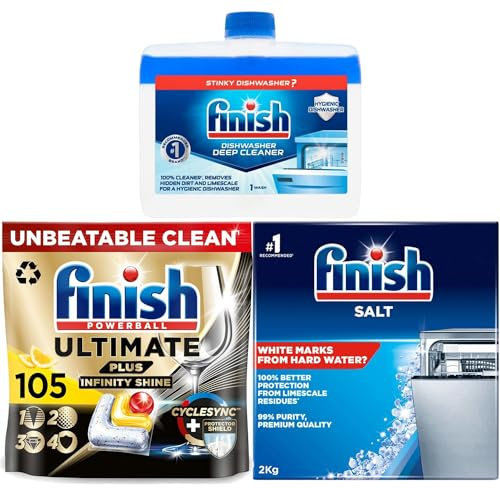Bundle of Finish Ultimate Plus Infinity Shine Dishwasher 105 Tablets Lemon, Bundle 1 x Dishwasher Cleaner, 1 x Dishwasher Salt 2kg