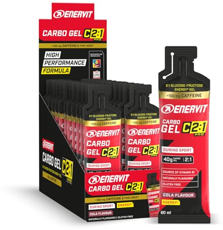 Enervit, Carbo Gel C2:1PRO con Caffeina, Gel Energetico 40g di Carboidrati, Per Attività ad Alta Intensità, +50% di Carboidrati Assorbiti, Gusto Cola, Senza Glutine, Alta Digeribilità, 24 Pack da 60ml