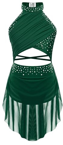 Miaeowve Kids Girls Lyrical Dance Dress Ballet Gymnastics Performance Costume Sleeveless Figure Skating Dress Green 9-10 Years