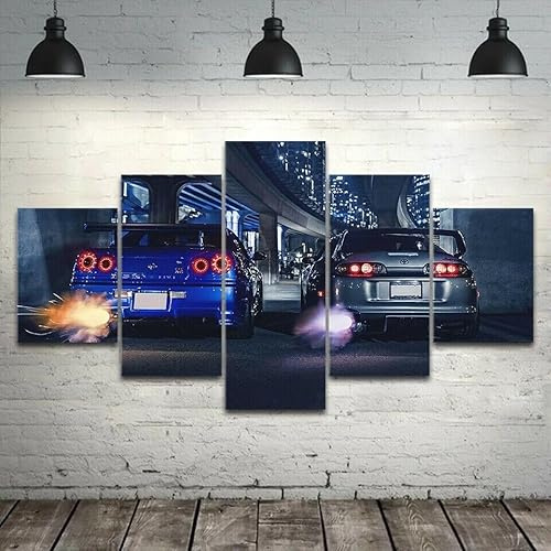 AZBESCZ Leinwand Bilder 5 Teilig SUPRA Vs GTR R34 Sportwagen Rennen Wandbilder Wohnzimmer Modern Bilder, Poster, Kunstdrucke Büro Flur Bad Küchebilder -Ungerahmt