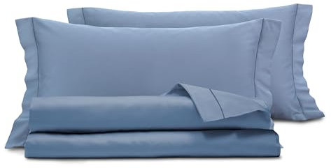 Smart Deco Home Completo letto lenzuola in raso di puro cotone Made in Italy con elegante ricamo MATRIMONIALE BLU