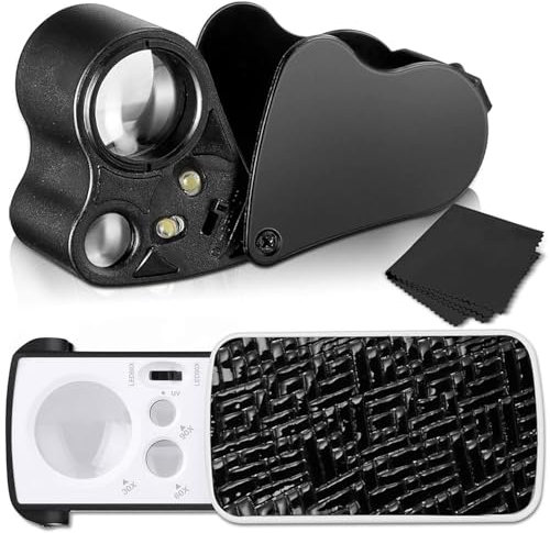 2 Stück Juwelier Lupe, 30X 60X 90X Trichomen Lupe, Selbst Austauschbare Batterie, Pflanzen Lupe mit UV Licht und LED Licht, Lupe für Schmuck Diamanten Edelsteine Münzen Briefmarken(Schwarz)
