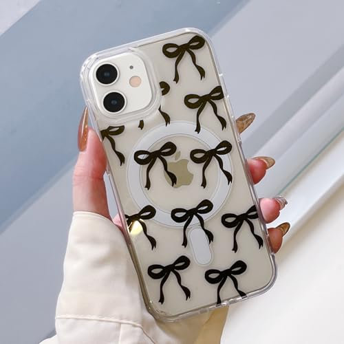 UEEBAI Magnetic for iPhone 11 Case, Bow Case Compatible with MagSafe, Wireless Slim Clear Ribbon Aesthetic Phone Cover Anti-Yellowing Shockproof Protective Cover for Women Girl - Black