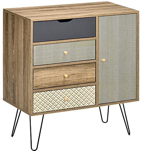 HOMCOM Meuble de Rangement Commode Buffet 4 tiroirs 1 Placard - Pieds épingles à Cheveux - Style bohème - 79 x 39 x 86 cm Marron