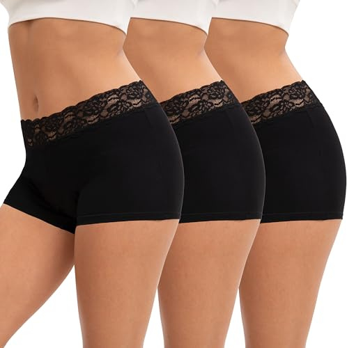 INNERSY Boxershorts för kvinnor, bomull, kalsonger, spets, underkläder, 3 | 100 % bomullssteg, hipstertrosor mjuka, underbyxor med ben, pojkshorts bekväma, byxor under klänning, underkjol shorts