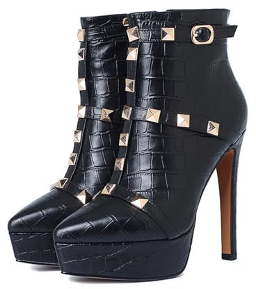 SofLuxe Stivaletti con Tacco Alto a Fantasia Coccodrillo, Pelle di Vacchetta, Design con Rivetti, Adatti per L'uso Quotidiano e Lavorativo,Black,48