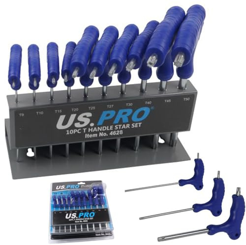 US PRO T-Handle Torx Star Key Set, 10 Pieces T9-T50, Storage Rack, Blue