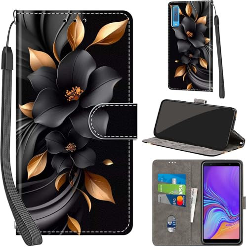 Handyhülle für Samsung Galaxy A7 2018 Hüllen Premium Leder Case Klappbar Wallet Magnet Kartenfach Standfunktion Schutzhülle kompatibel mit Samsung A7 2018 Cover,Blumen