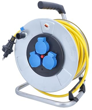 as - Schwabe Kabeltrommel 33 m K35 AT-N07V3V3-F 3G1,5 gelb | IP44 Außenbereich, mit SEV T13 Stecker IP55 und 3x Typ 13 Steckdosen, Stahlblech, Thermoschutzschalter, Made in Germany