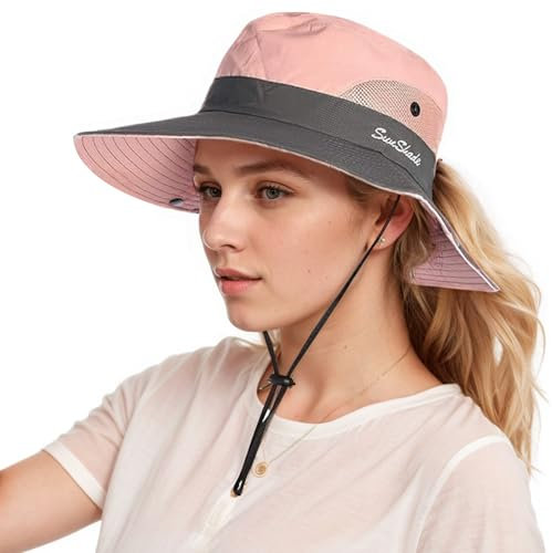 Carreneu Sonnenhut Damen Faltbar UV-Schutz Fischerhüte für Damen,Tropenhut Einstellbar Bucket Hat, mit Loch für Pferdeschwanz, für Sommerliche Outdoor-Aktivitäten (Nähte Rosa)