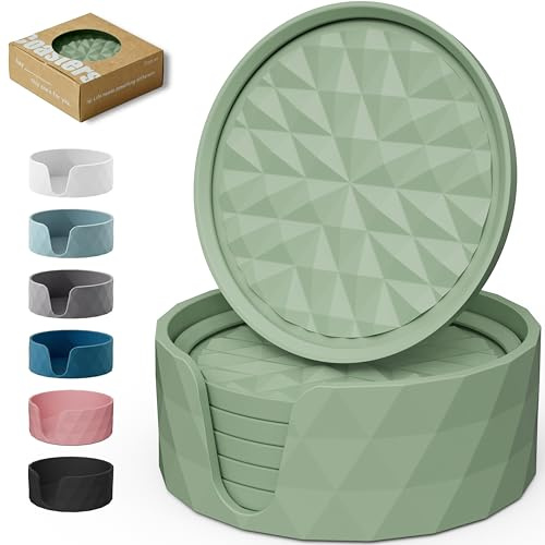Wingcases Silicone Coasters for Drinks[Set of 6, Sage Green] Diamond Design Cup Mat with Holder for Tabletop Protection Non Slip, Non Stick, Coffee Table Decor, Great Gift for Any Occasion