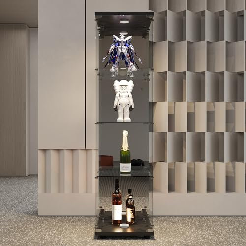 Glasvitrine Standvitrine LED, 1 Türen 4 Etagen Vitrine mit Glas Vitrinenschrank Led mit Schloss Sammlervitrine Glasvitrine Stehend für Sammlerstücke, Modelle (Schwarz, 1 Tür 4 Etagen LED+Spiegel)