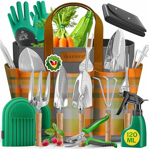 KESSER® Gartenwerkzeug Set 10-teilig mit ergonomischen Holzgriffen inkl. wasserdichte Tasche aus 600D Oxford-Material, Knieschoner, Pflanzmatte, Sprühflasche, Gartenschere, Handschuhe für Gartenarbeit